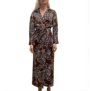 Zara Wrap Dress Brown Black Floral L/S Satin Printed Maxi Shirtdress MEDIUM